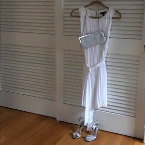 White dress, silver pumps, white/silver purse